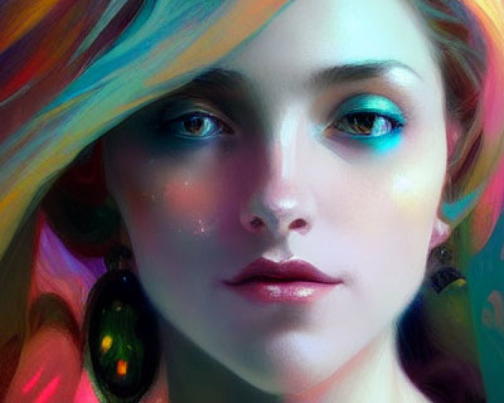 Colorful flowing hair and vibrant eyes in digital painting