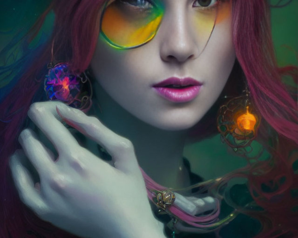 Vibrant pink-haired person in yellow sunglasses with glowing jewelry.