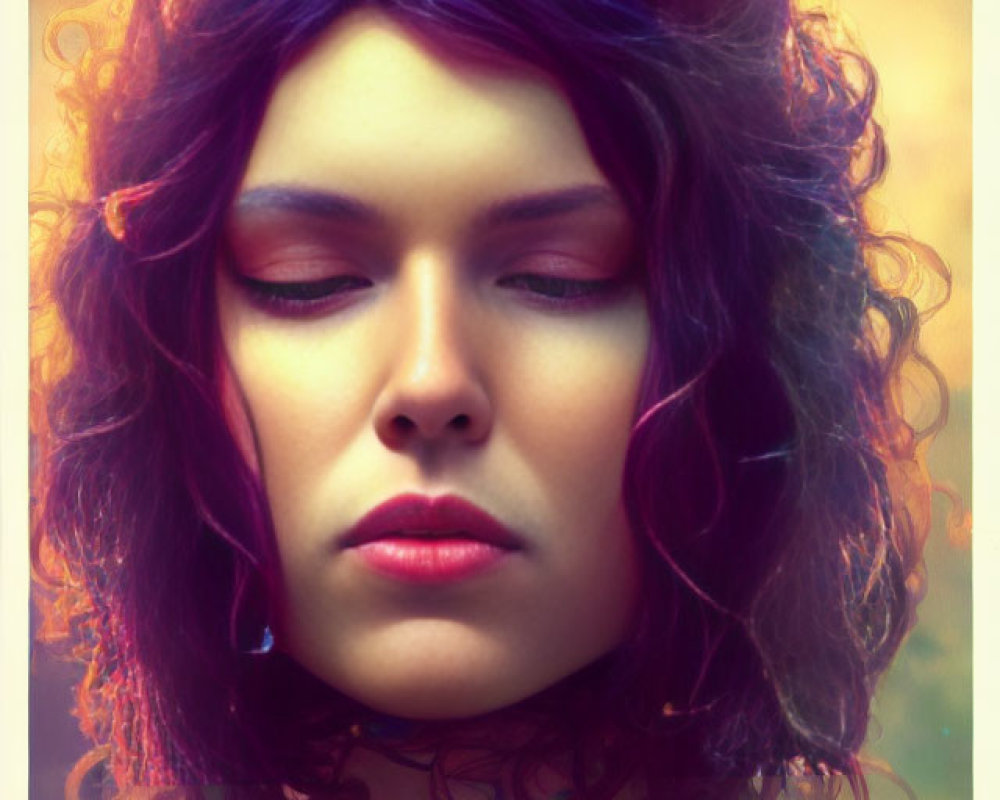 Person with Vibrant Purple Hair in Dreamy Portrait with Floral Elements