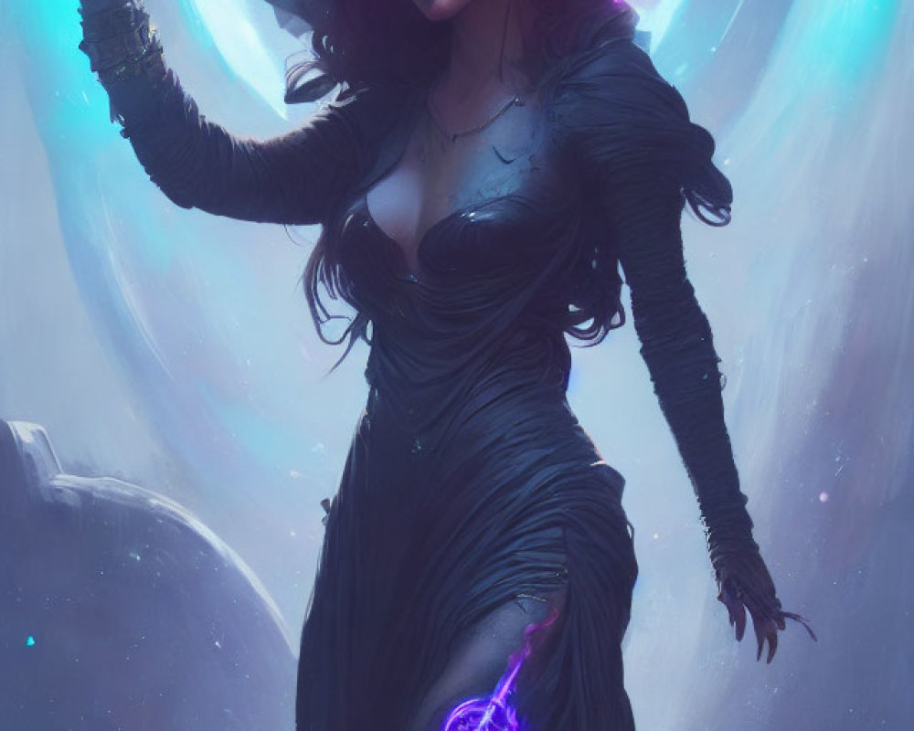 Mystical sorceress with glowing purple sigil and cosmic backdrop