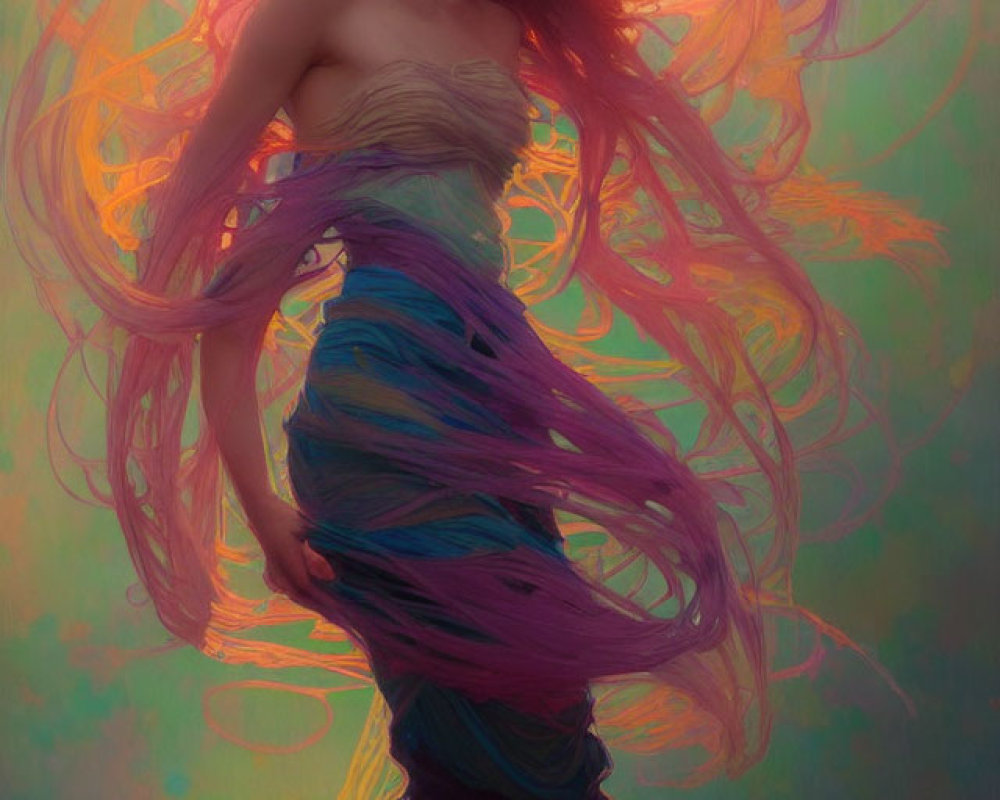 Red-haired woman in ethereal dress against colorful backdrop