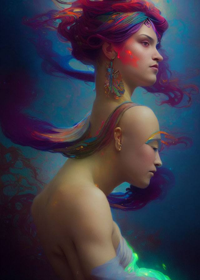 Ethereal beings with colorful hair in moody background