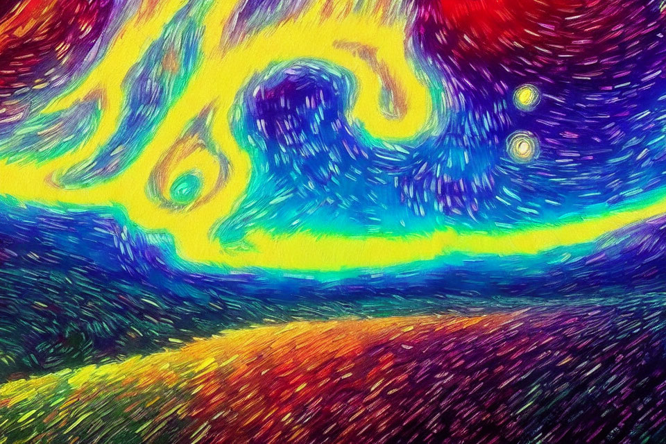 Colorful impressionist painting with swirling yellow, blue, and red patterns reminiscent of "Starry Night