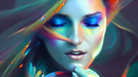 Colorful digital portrait of a woman with multi-colored hair and blue eyeshadow