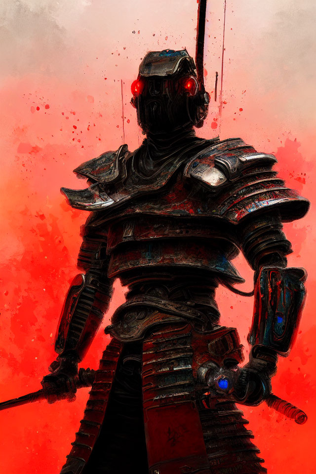 Futuristic warrior in black armor with sword on red backdrop