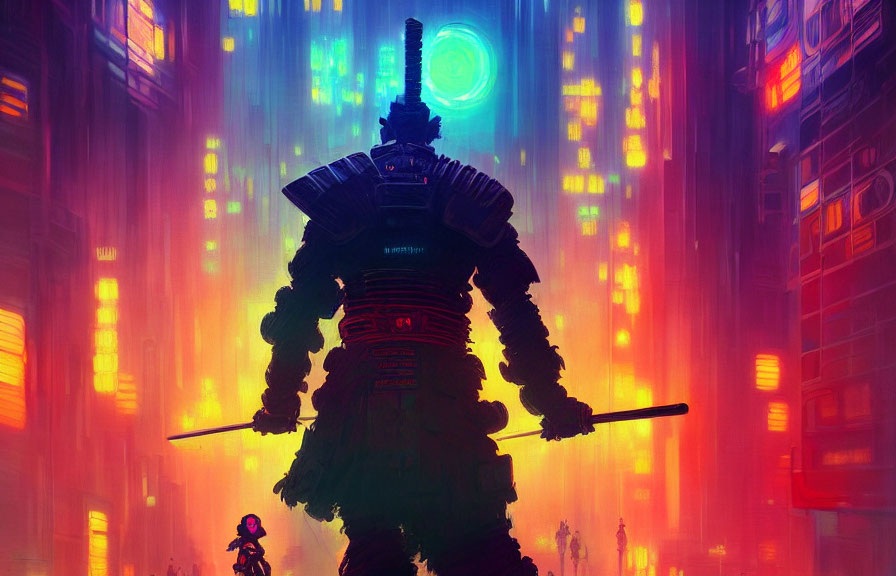 Futuristic samurai with glowing sword in neon-lit cityscape