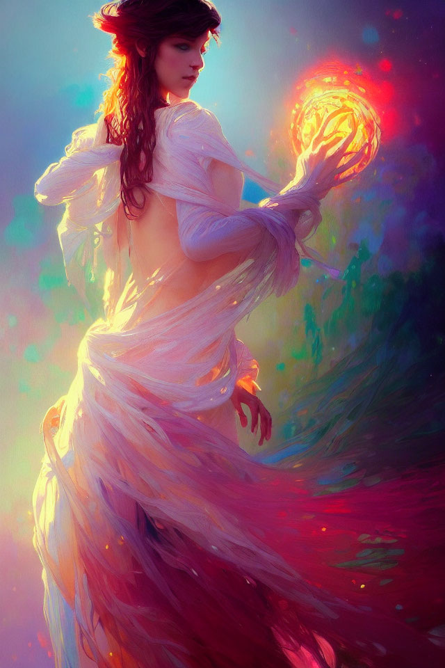 Ethereal scene of mystical woman holding luminous orb in vibrant hues