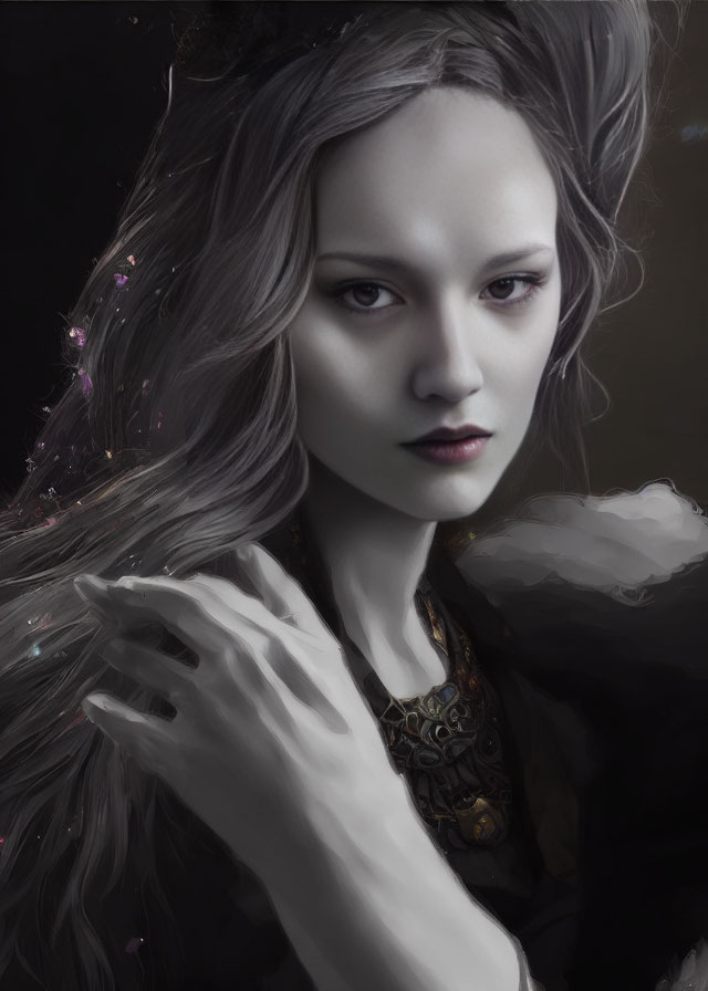 Fair-skinned woman with wavy hair in dark gown - digital painting