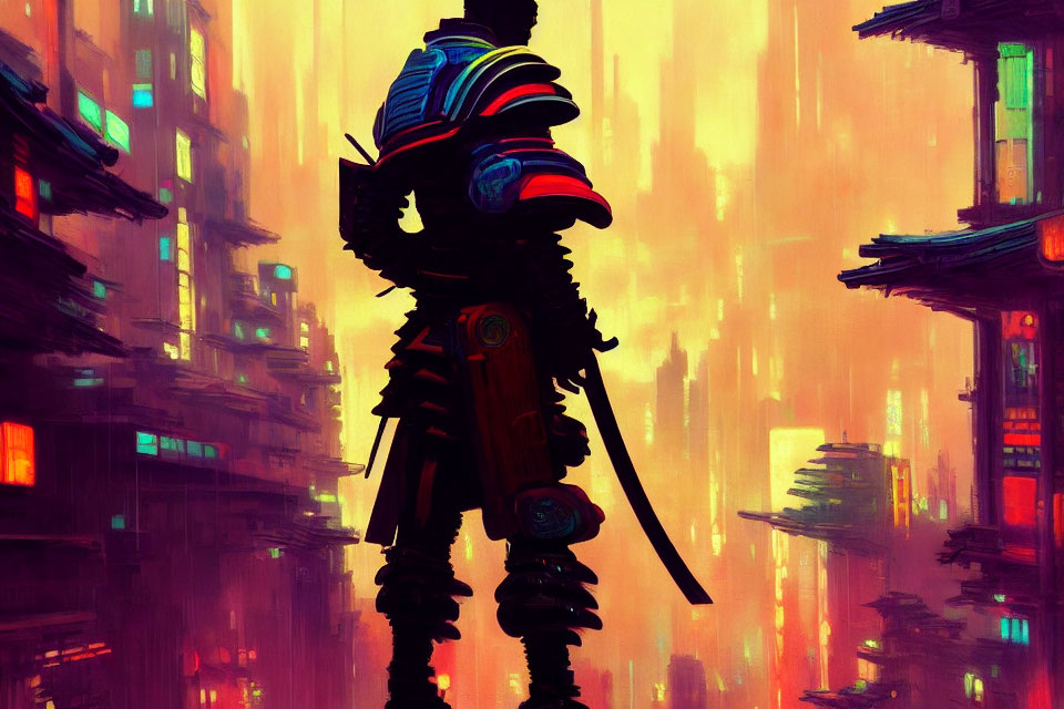 Futuristic warrior in neon-lit dystopian cityscape