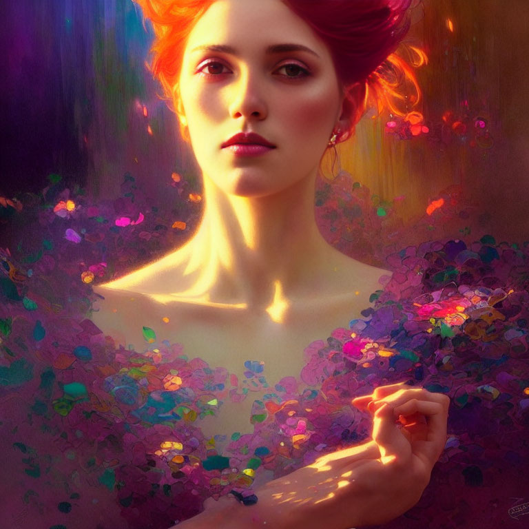 Vibrant digital portrait of woman with red hair among colorful flowers