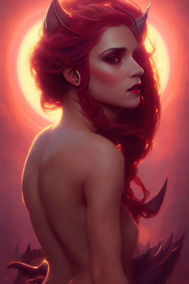 Fantasy digital art: Red-haired female figure with horns and mysterious gaze on crimson background