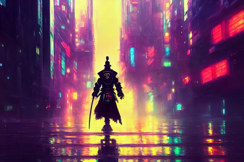 Solitary Figure in Cloak in Neon-lit Rainy Futuristic Cityscape