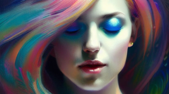 Vibrant digital portrait of a woman with colorful hair and blue eyeshadow