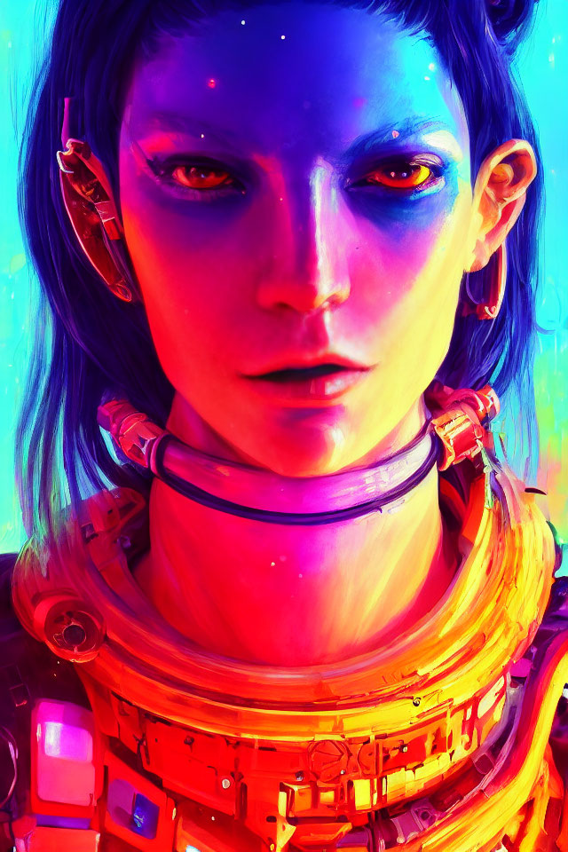 Vibrant futuristic female portrait with cybernetic enhancements and blue eyes