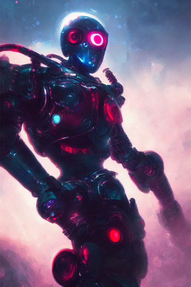 Futuristic robot with glowing red eye on vibrant pink and blue background