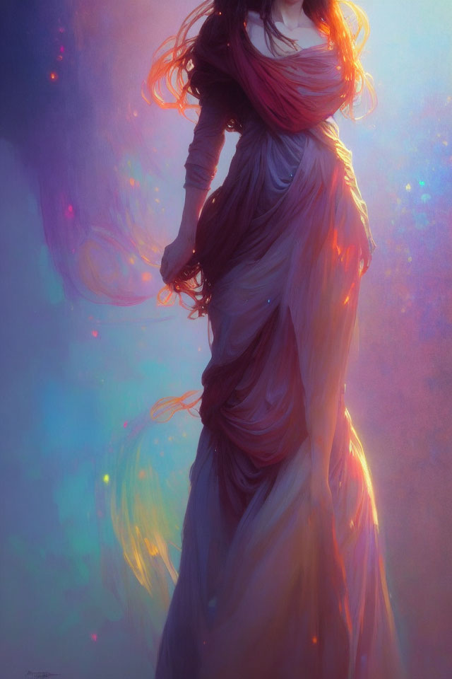 Ethereal figure in flowing purple dress with glowing aura.