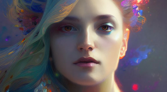 Multicolored hair and heterochromatic eyes in vibrant digital painting