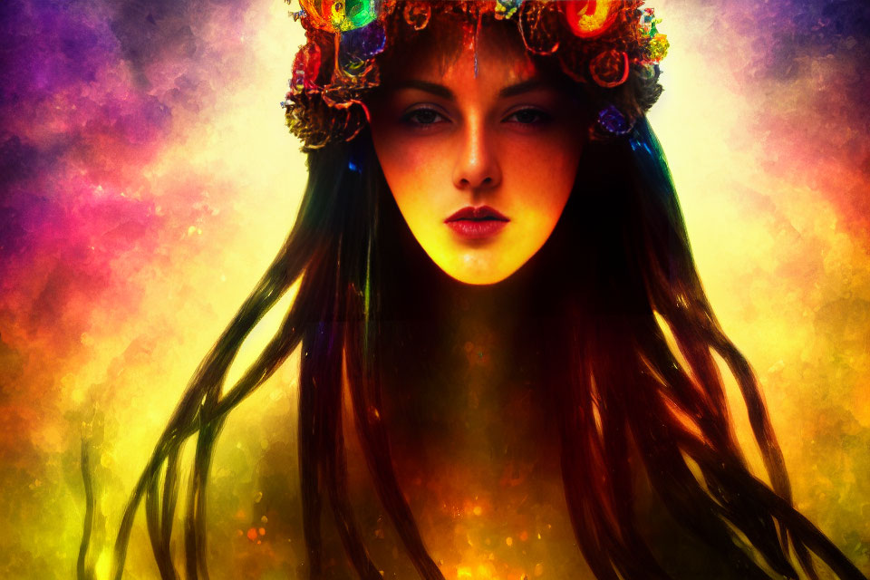 Woman with Floral Crown and Dark Hair on Vibrant Background