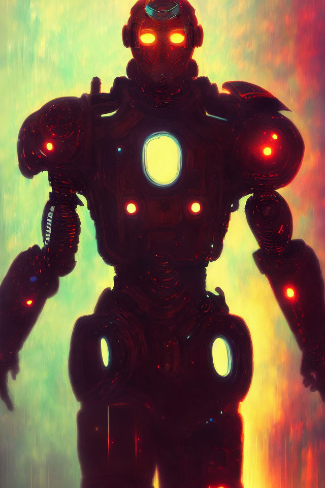 Glowing red-eyed robot in colorful, vibrant setting