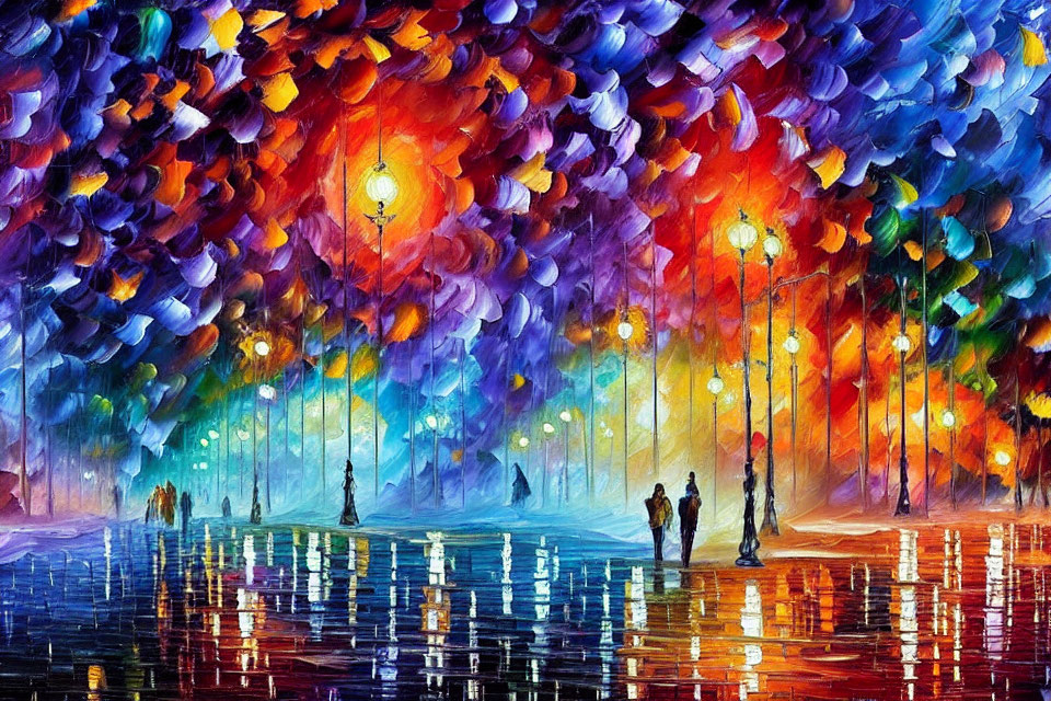 Colorful painting of rainy city street with illuminated lamp posts and silhouettes of people with umbrellas