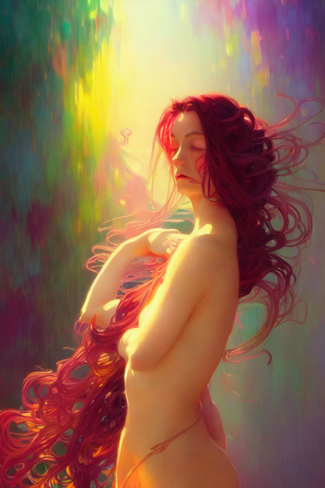 Profile of Woman with Flowing Red Hair Against Colorful Backdrop