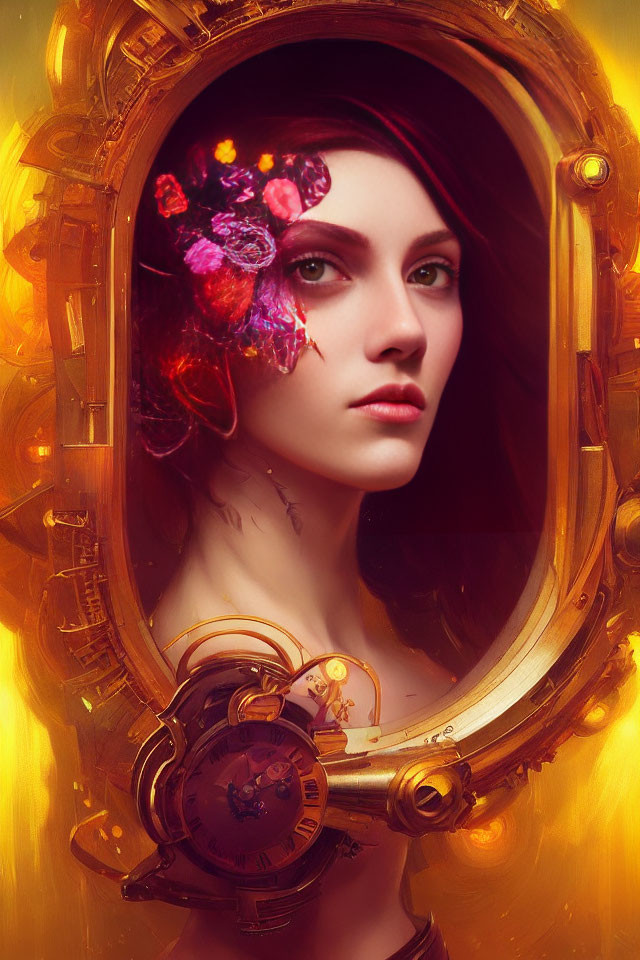 Circular Steampunk Style Porthole with Woman's Face and Flowers