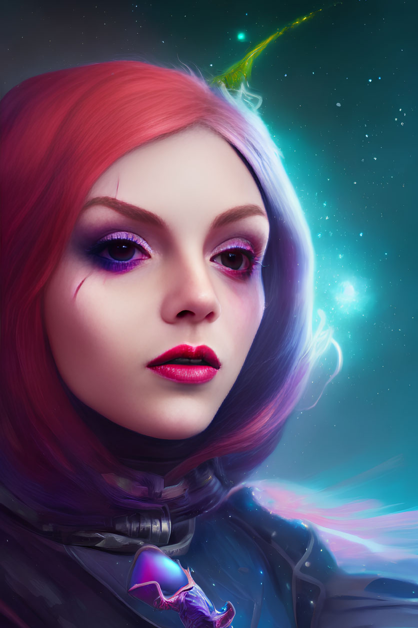 Vibrant red hair and cosmic makeup on woman in stylized spacesuit against nebula backdrop