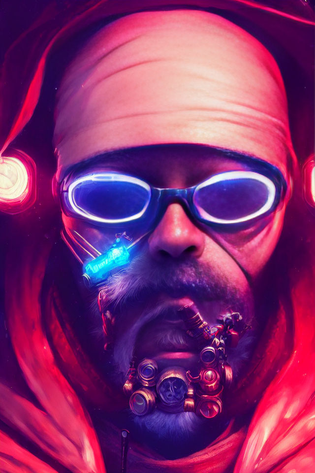 Futuristic person with glowing blue goggles in red and pink light