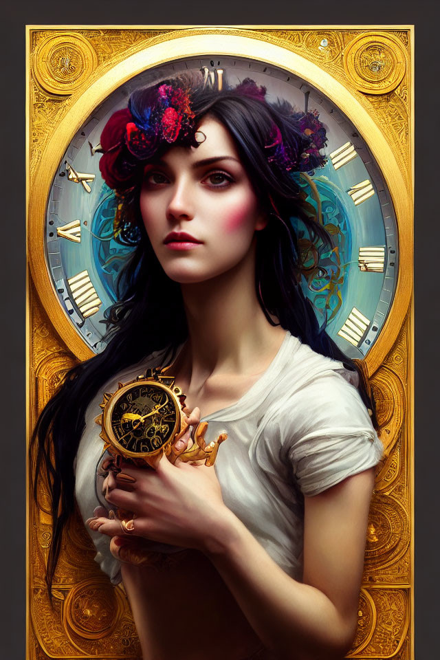 Dark-haired woman with flowers holding clockwork device in ornate golden clock-themed oval border