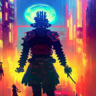 Futuristic samurai with glowing sword in neon-lit cityscape