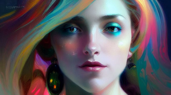 Colorful flowing hair and vibrant eyes in digital painting