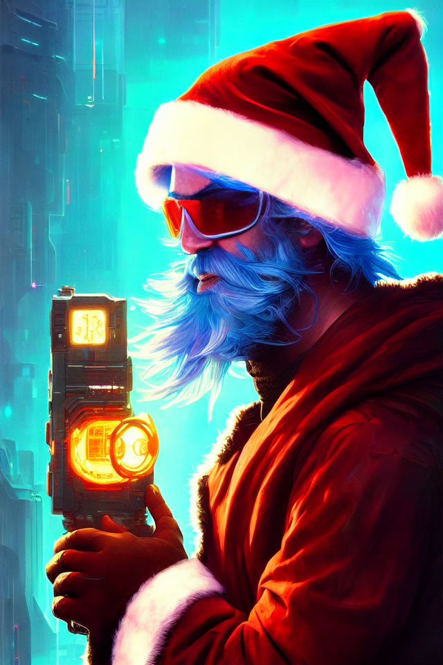 Blue-bearded Santa Claus with sci-fi blaster in neon-lit setting