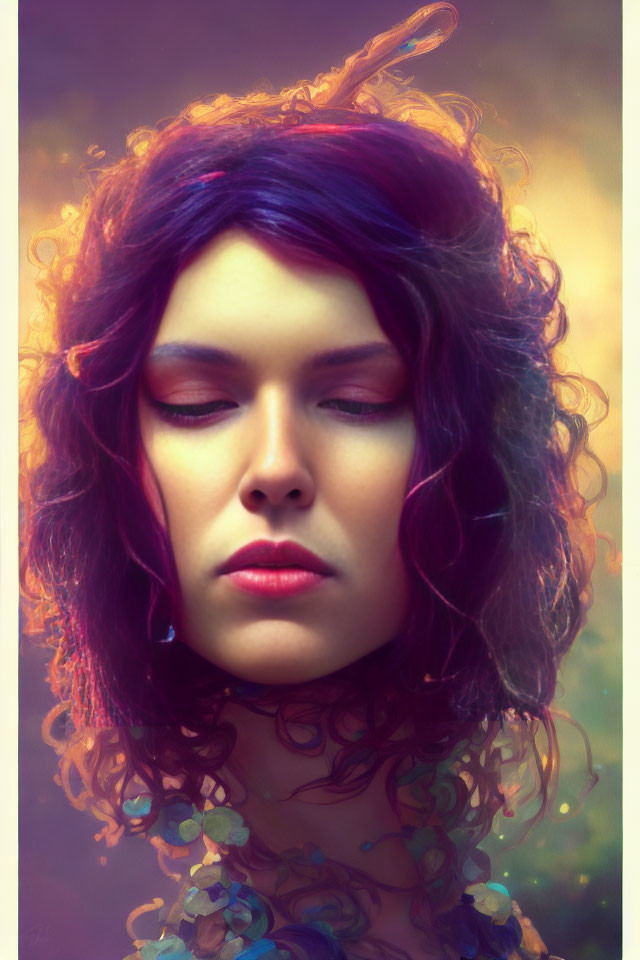 Person with Vibrant Purple Hair in Dreamy Portrait with Floral Elements