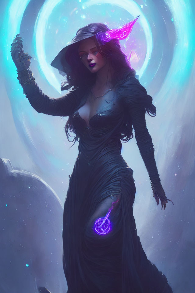 Mystical sorceress with glowing purple sigil and cosmic backdrop