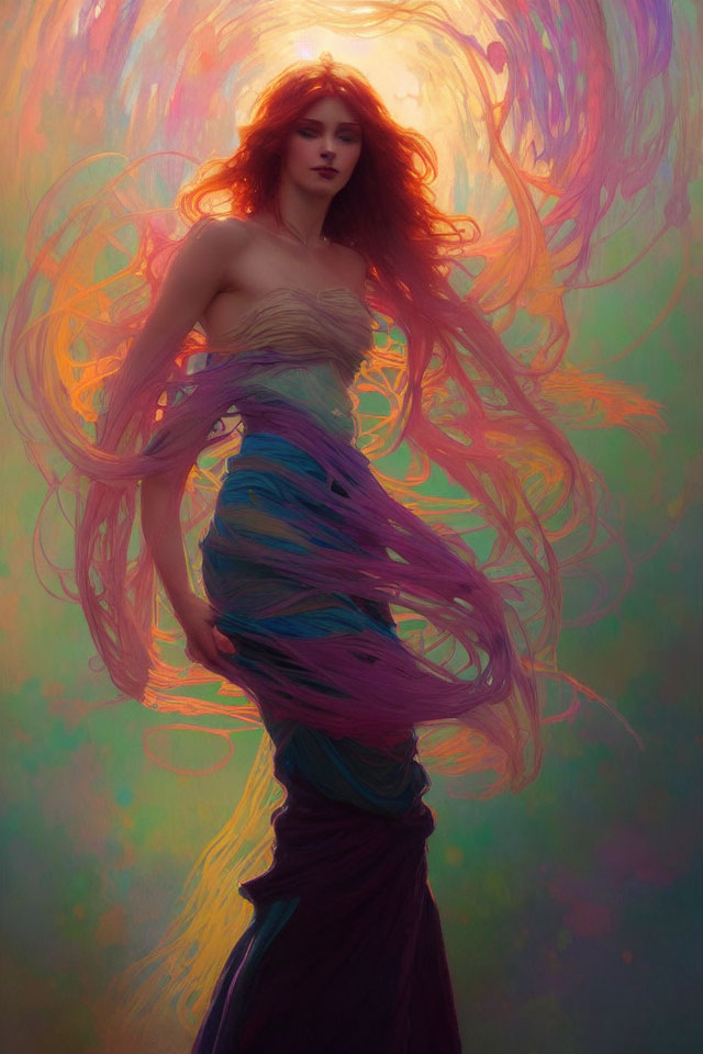 Red-haired woman in ethereal dress against colorful backdrop