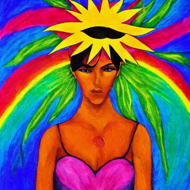 Colorful Illustration: Figure with Sunburst Halo, Rainbow Background, Dark Hair, Intense G