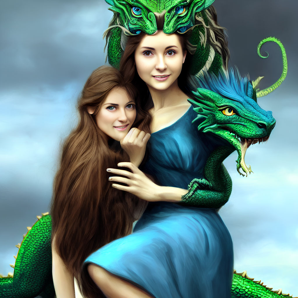 Digital artwork: Woman with long brown hair in blue dress with green dragon on shoulder