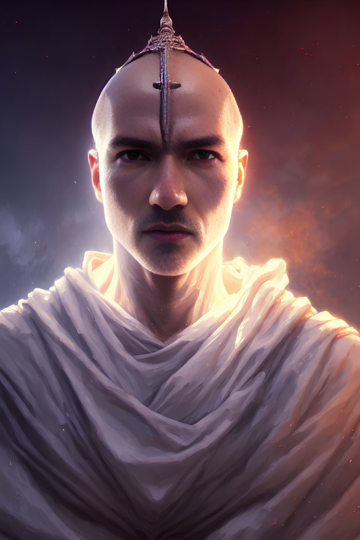 Bald person in white cloak with sword hilt against fiery cosmic background