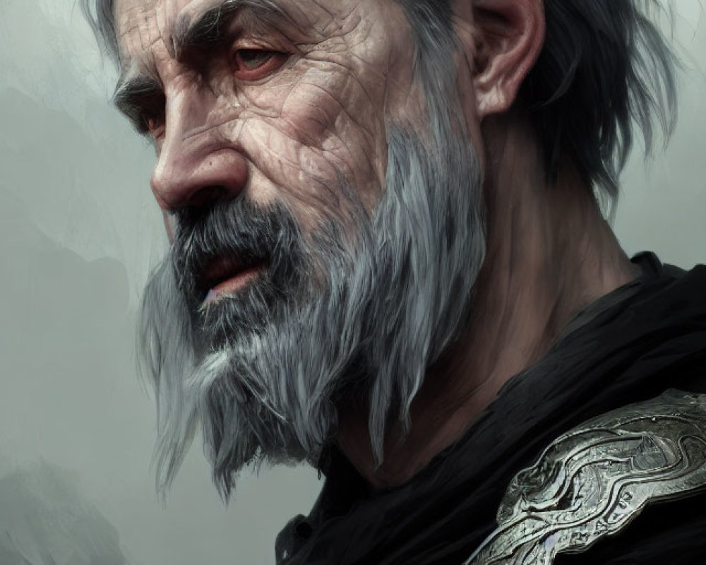 Elderly man in ornate dark armor with gray hair