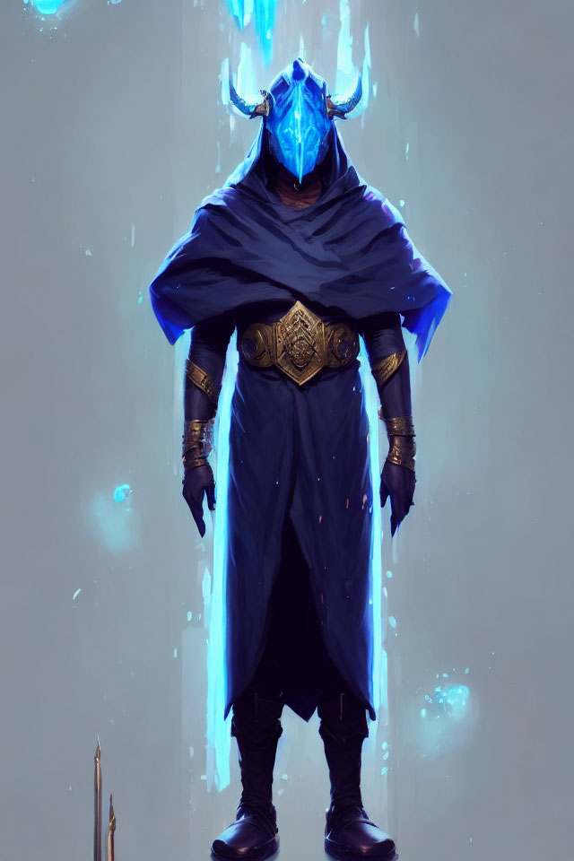 Majestic figure in blue cloak and armor with horned helmet in ethereal setting