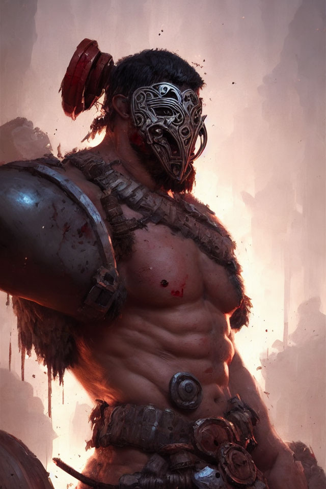 Muscular warrior with tribal markings in detailed mask and shoulder armor in misty, reddish backdrop