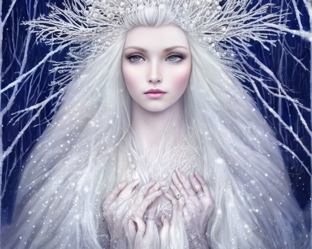 Pale-skinned woman with white hair and crystal crown in frosty forest setting