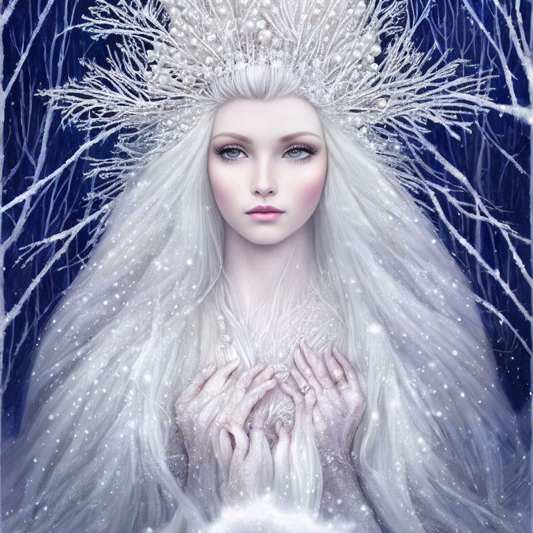 Pale-skinned woman with white hair and crystal crown in frosty forest setting