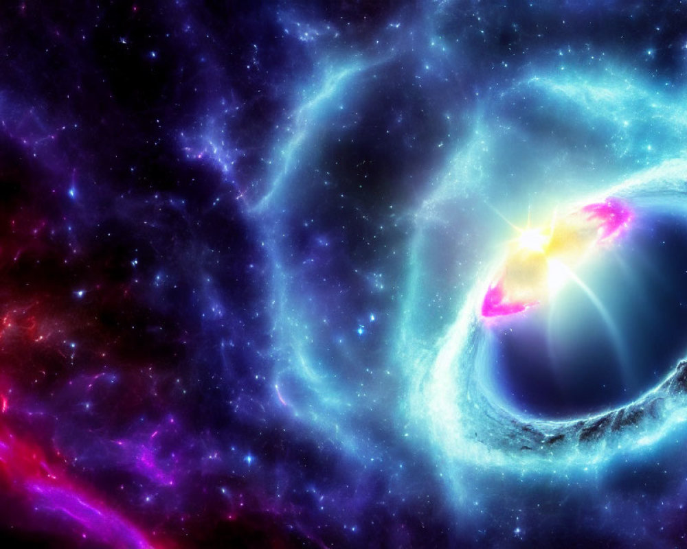 Colorful cosmic scene with central celestial body and swirling galaxies in blue, purple, and pink.