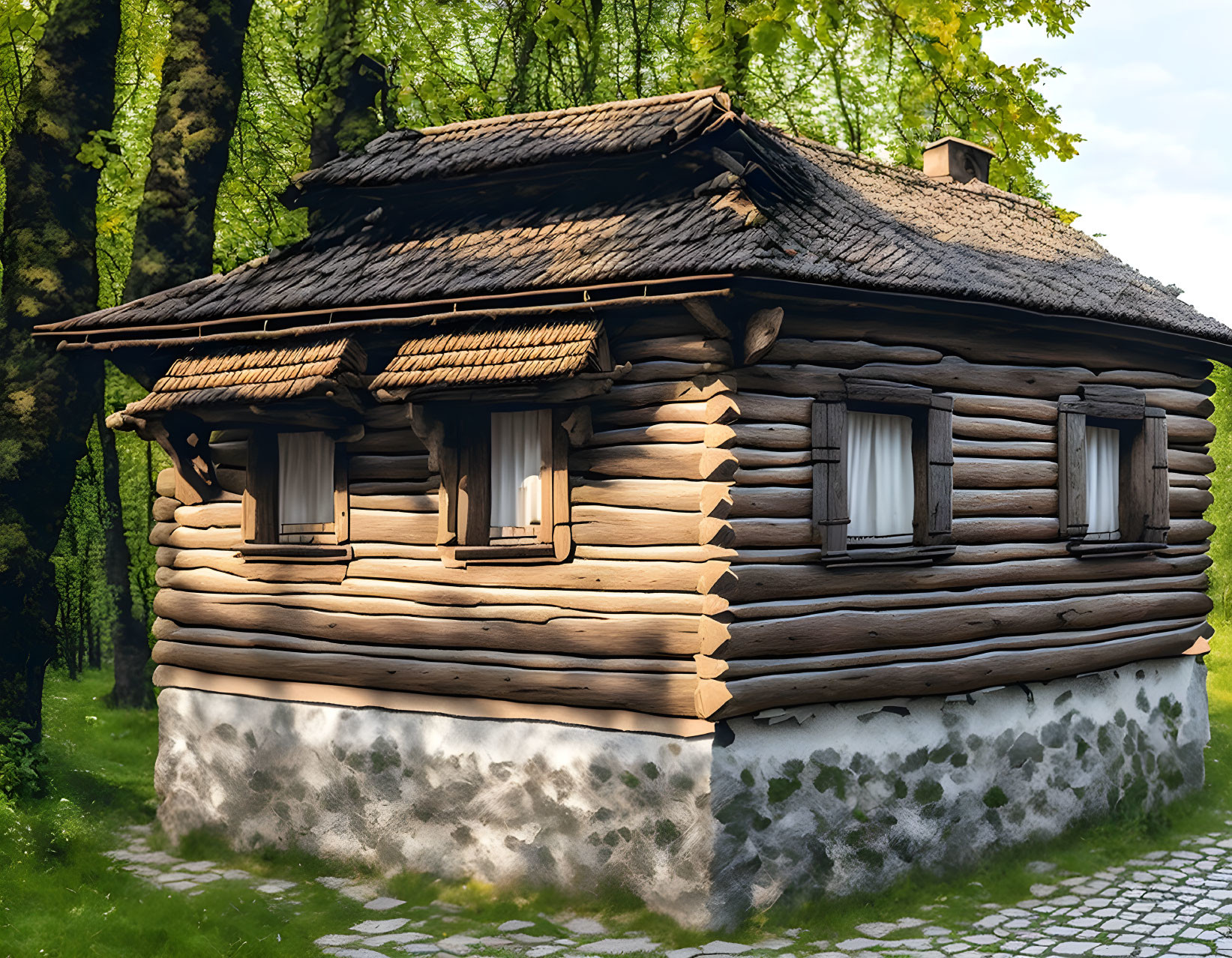 Thatched Roof Wooden Log Cabin in Lush Greenery