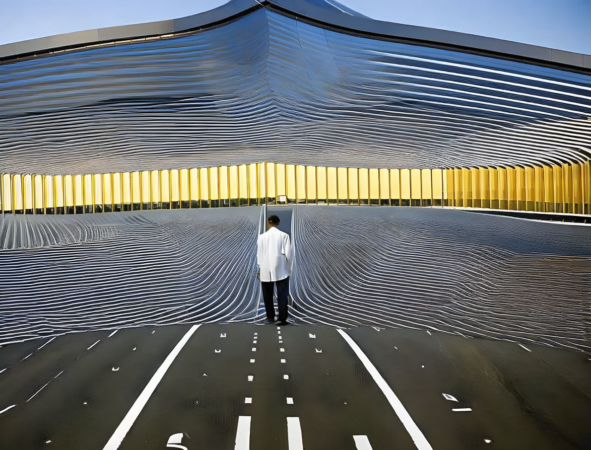 White Shirt Person Standing on Marked Surface Near Black and Yellow Structure