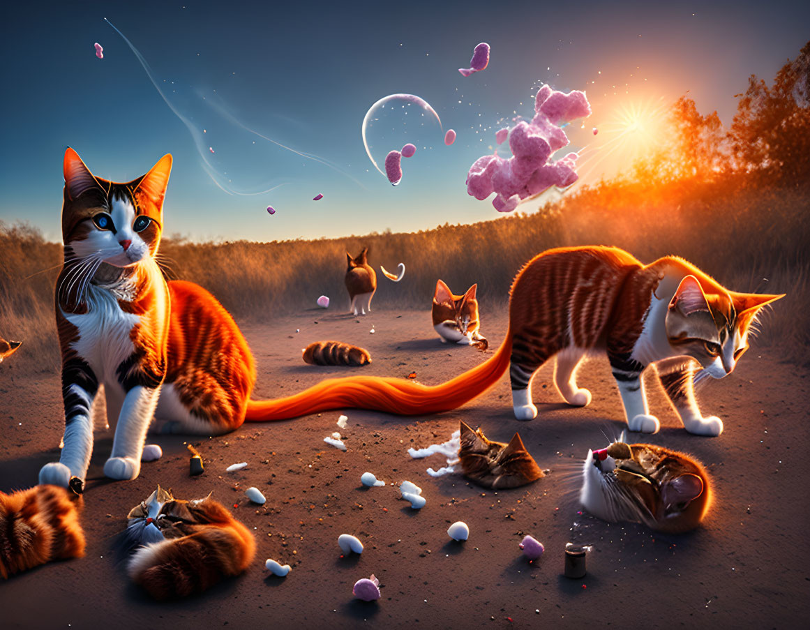 Colorful Oversized Cats in Surreal Landscape with Floating Rocks and Twilight Sky