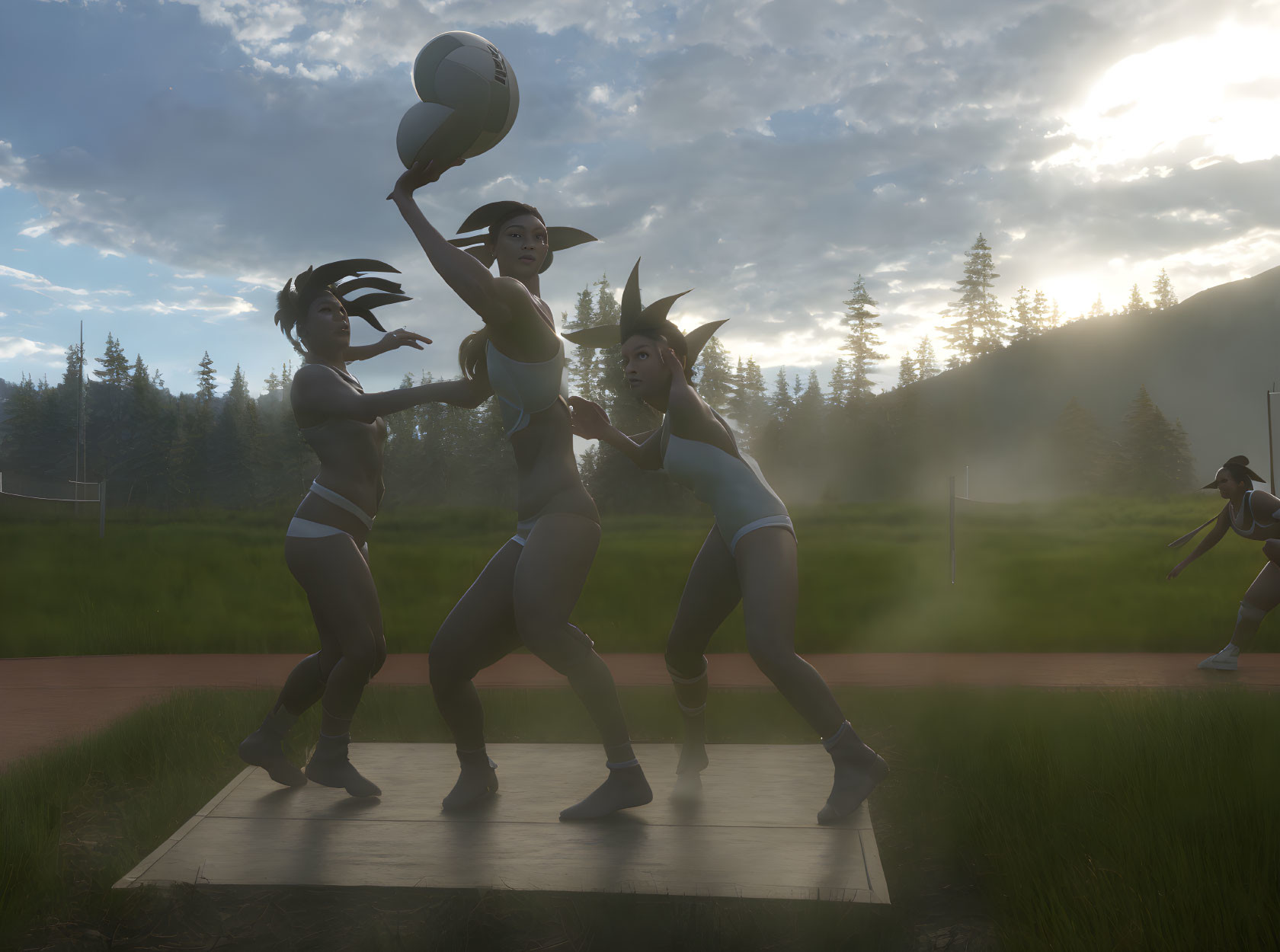 Animated female characters playing volleyball outdoors at golden hour