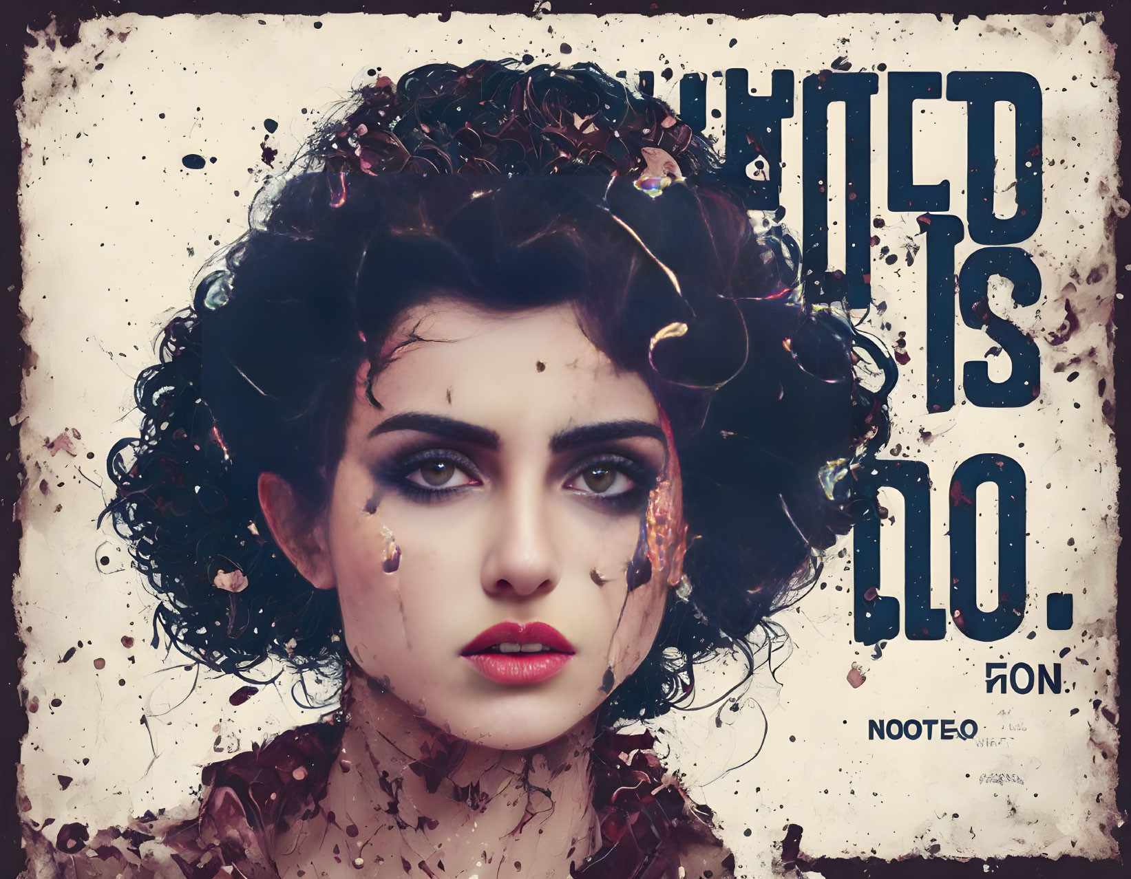 Portrait of woman with striking makeup and tears, abstract elements, bold reversed text.