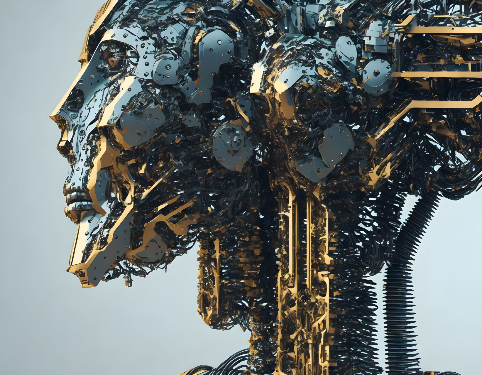 Detailed Metallic Human Head Sculpture with Gears and Mechanical Components